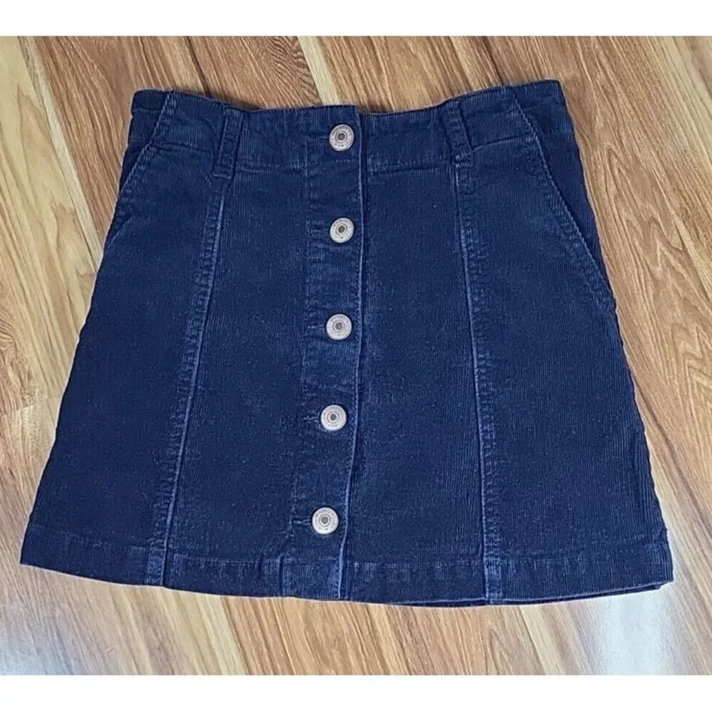 Forever 21 Corduroy Mini Skirt Size Small Navy Blue Button Fly‎ Preppy A Line